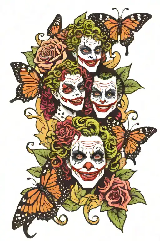 joker and medusa with butterflies and flowers tattoo design idea