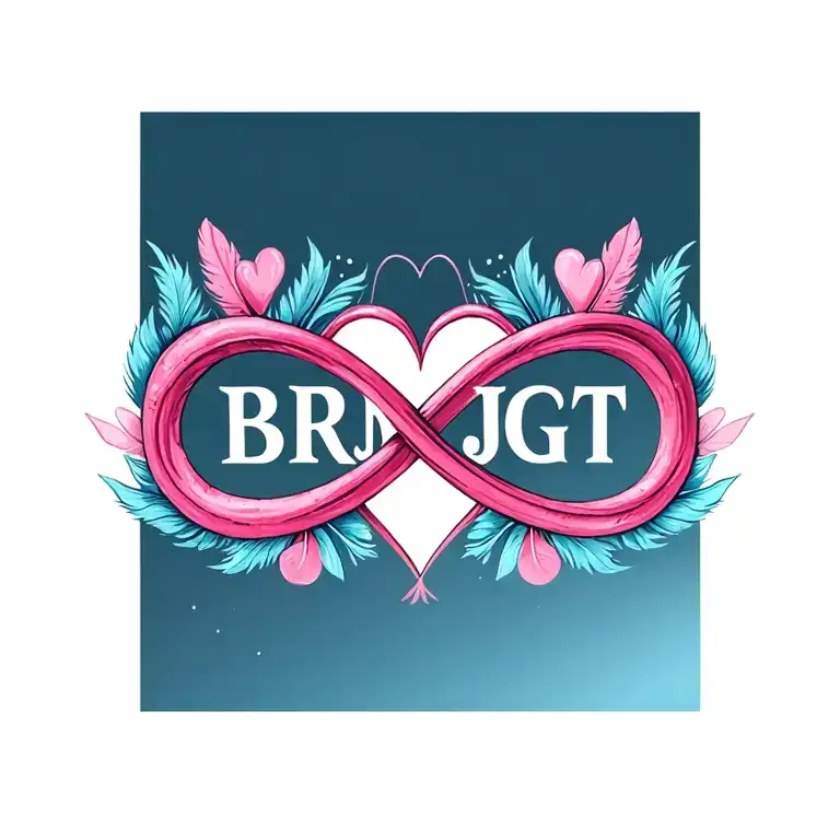 "BRMJGT" "BRMJGT" "BRMJGT"  letters incorporated in forming infinity symbol surrounded by hearts feathered background  tattoo design idea
