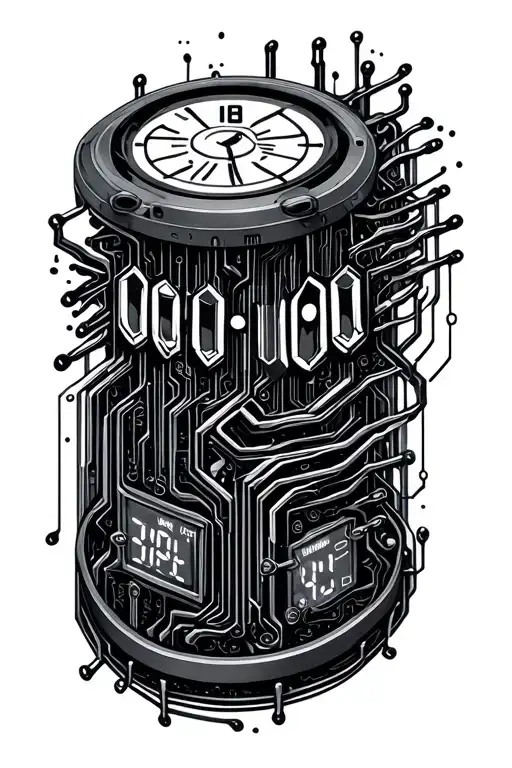 Highly detailed Small digital time display 00:00:00 around many electric circuits tattoo design idea