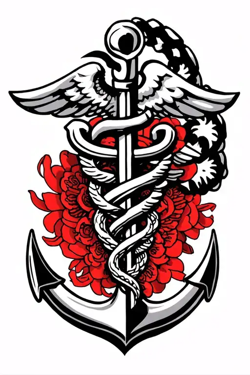 caduceus and an anchor military gear tattoo design idea