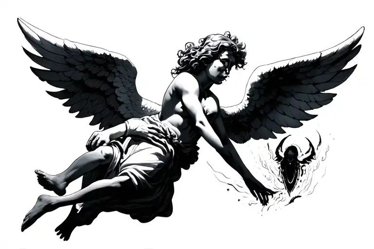 angel flying away while evil Angel is trying to grab its feet  tattoo design idea