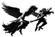 angel flying away while evil Angel is trying to grab its feet  tattoo design idea