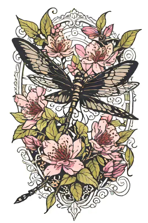 (elegant ebony jewel wing damselfly), surrounded by vibrant rhododendrons, delicate dogwoods, and lush mountain laurels tattoo design idea