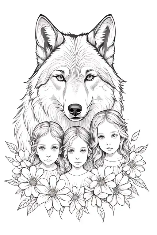 Mother wolf with 3 children and flowers tattoo design idea