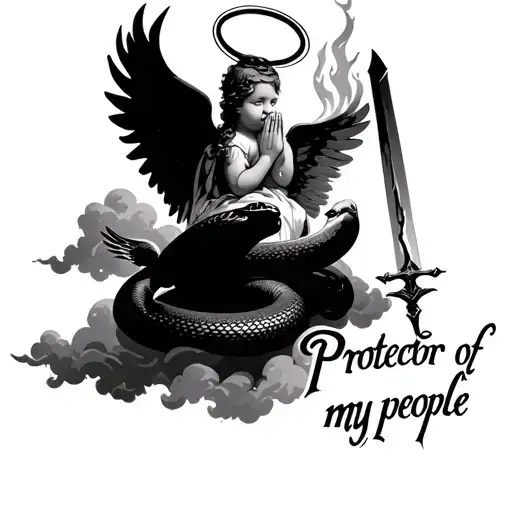 "Protector of my people " baby angel with halo praying with flaming sword then a dove beating a snake and their all sournded by clouds  tattoo design idea