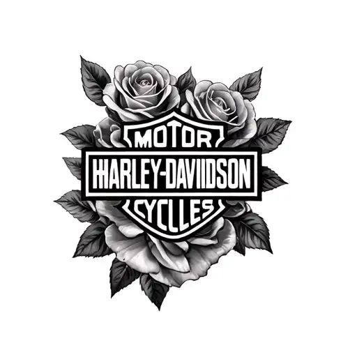 a black realistic shaded Harley Davidson logo with three soft  shaded roses around it tattoo design idea