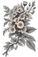 dandelion blowing pink evening primrose blooming mimosa tree branch bouquet tattoo design idea