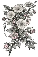 dandelion blowing pink evening primrose blooming mimosa tree branch bouquet tattoo design idea