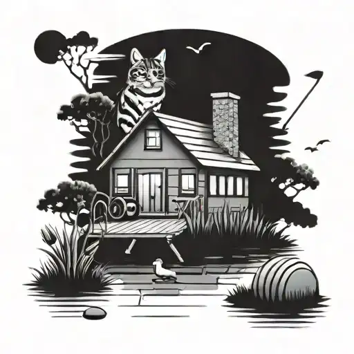 A tattoo design of a cottage on the lake with a tabby cat lounging in the foreground, surrounded by golf clubs and records tattoo design idea