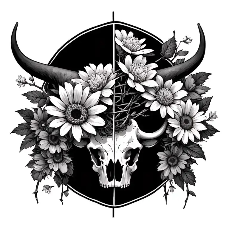 cherry blossom's, daisy flowers, chrysanthemum's, barbed wire and half a bull skull down my spine  tattoo design idea