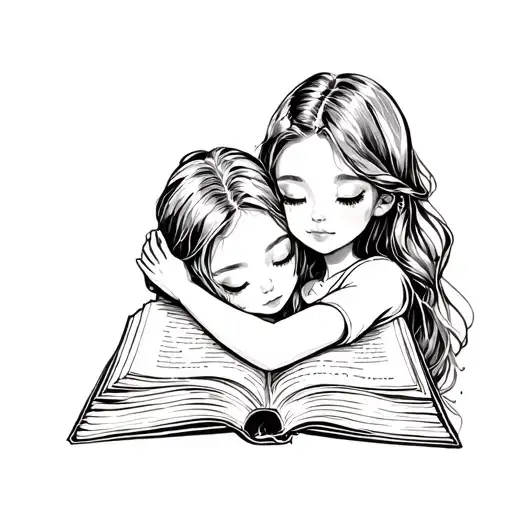 girl hugging a closed book tattoo design idea