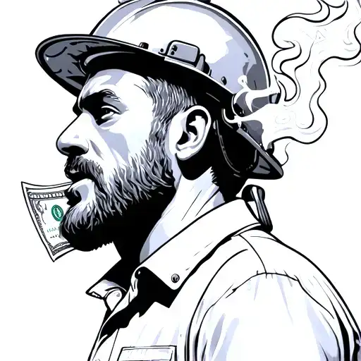 greasy mechanic in hardhat smoking a hundred dollar bill tattoo design idea