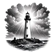 lighthouse standing tall shining light through a storm tattoo design idea