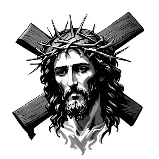 Jesus with crown of thorns in cross intertwined tattoo design idea