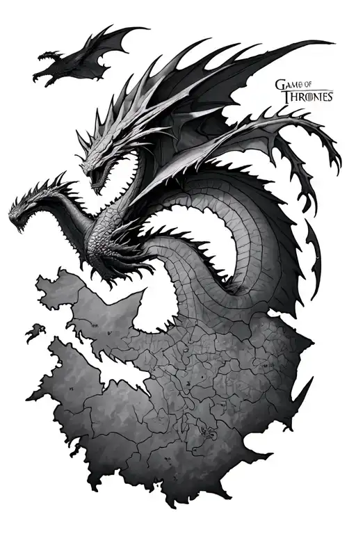 game of thrones map, smaug flying around the map tattoo design idea