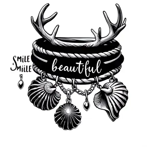 female bracelet charm tattoo with seashells, deer antler, with the saying "smile beautiful" tattoo design idea