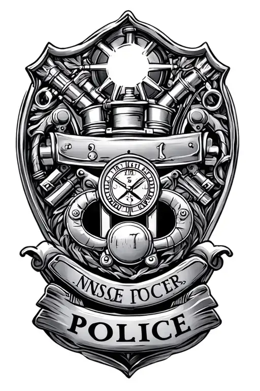 The outline needs to be a police badge and inside the police badge needs to be a civil war era, steam engine steam in an tattoo design idea