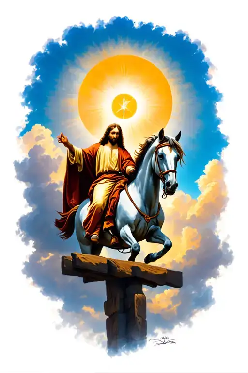 Jesus riding horse through sky above Golgotha  tattoo design idea