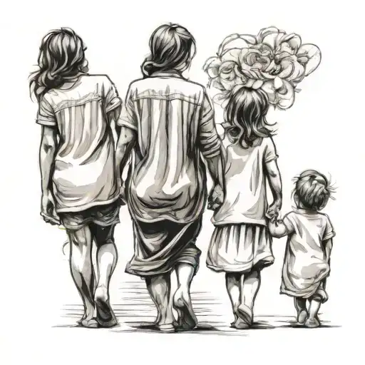 Mother and 3 children holding hands tattoo design idea