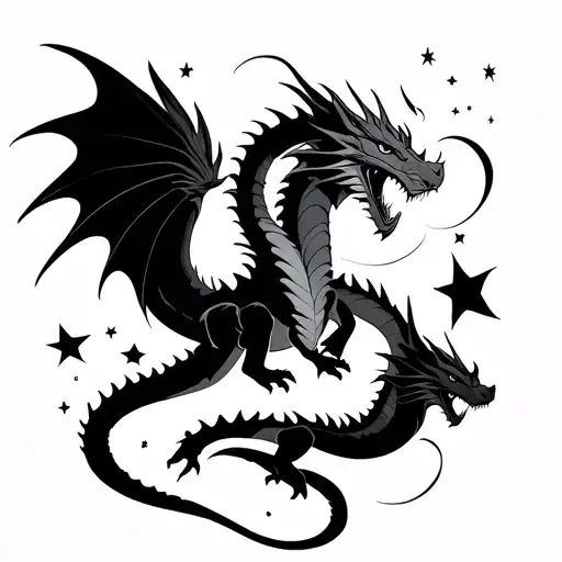 three dragons, minimalist, fine-line, in flight curved together with some stars tattoo design idea