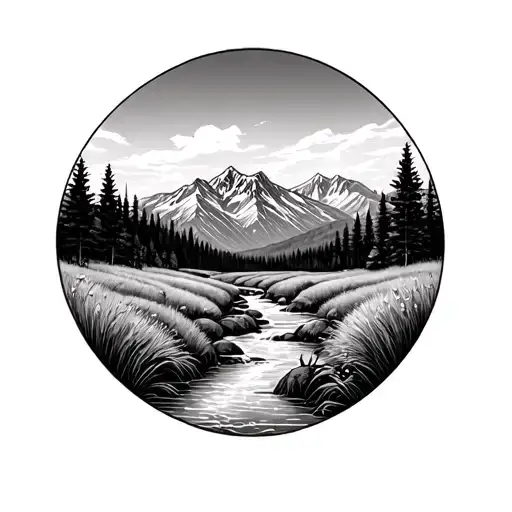 sketch stream flowing through a meadow mountain scape in background tattoo design idea