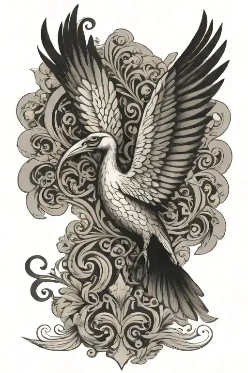 Ibis bird in flight Fleur de lis tattoo design idea
