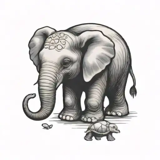 A small, minimalist tattoo design featuring an adorable baby elephant and a tiny turtle. The two animals are playfully tattoo design idea