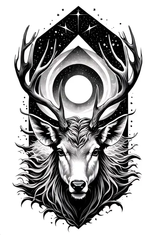 realist front-facing stag god, anxiety and depression, waves and cosmos elements, geometrical shape above and behind tattoo design idea
