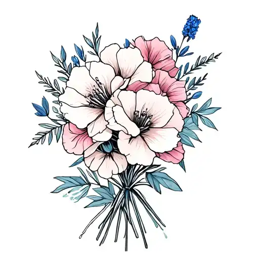 bouquet of rhododendron, poppy, rose and bluebonnet tattoo design idea