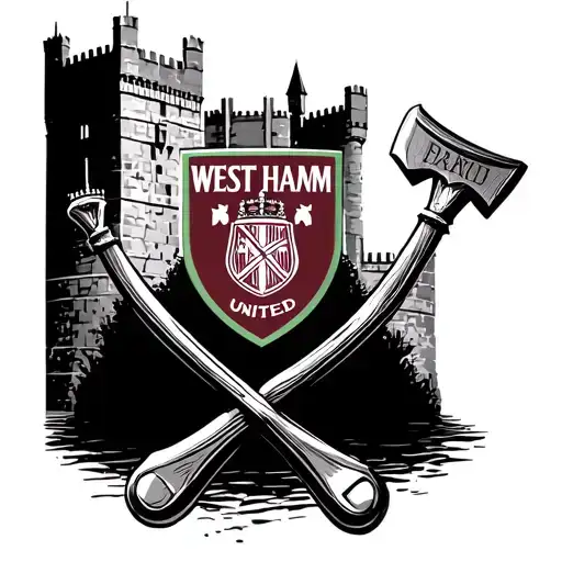 west ham united with the castle faded in the background and the hammers at the forefront like a 3D image tattoo design idea