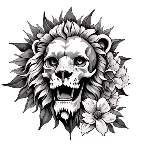 The skull of the lion's flower and the sun tattoo design idea