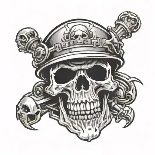 laughing skull hardwear helmet surrounded tattoo design idea