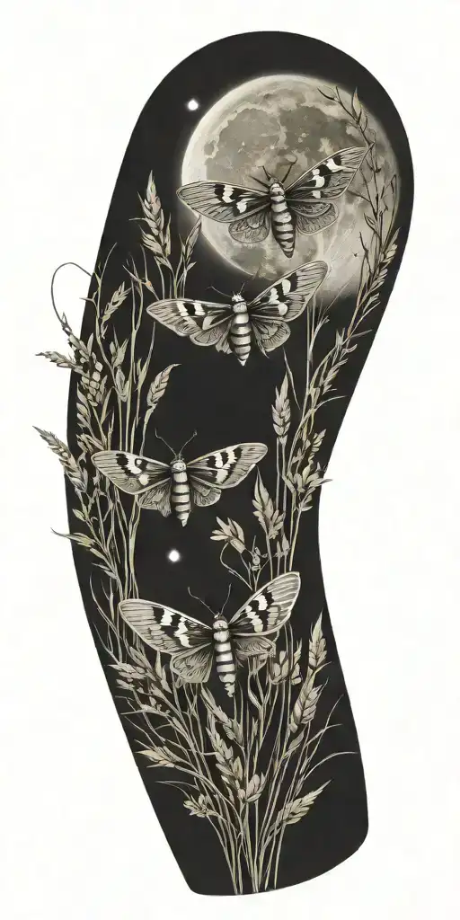 3 colorful moths in front of grass and full moon shining tattoo design idea