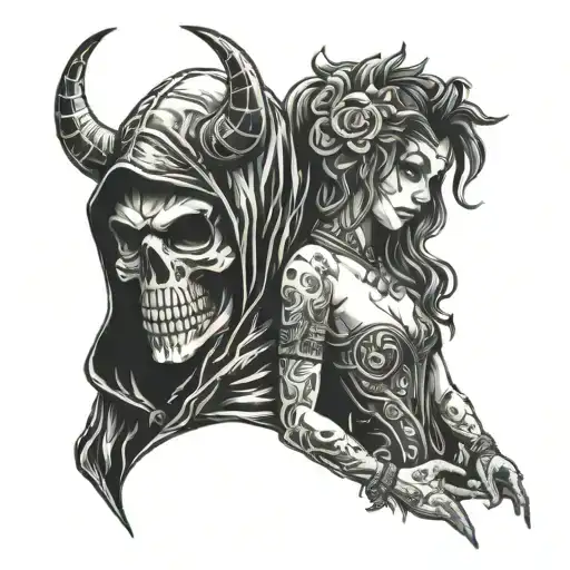 couple in love, hooded skull demon man and a hot beautiful woman  tattoo design idea