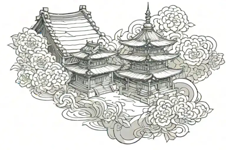 a pagoda coming out of the face of the paper omamori charm tattoo design idea