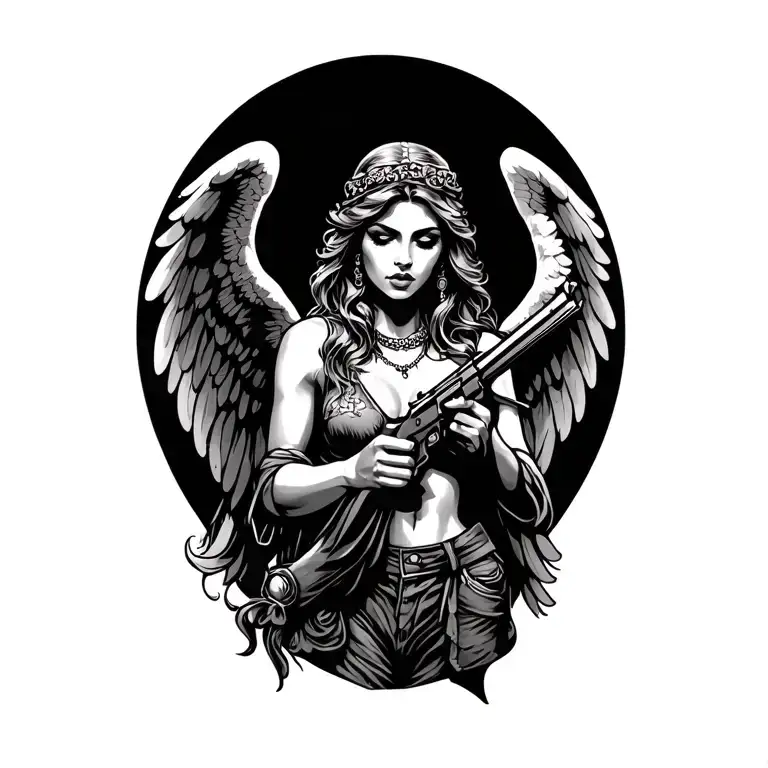 a cholo style tattoo with a beautiful angel holding a gun looking down tattoo design idea