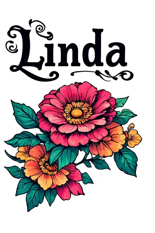 the name linda incorporated with flowers tattoo design idea