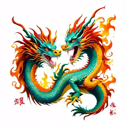 two Chinese dragons facing each other . Chinese name down spine . left dragon add clouds &  flames . right dragon add fl tattoo design idea