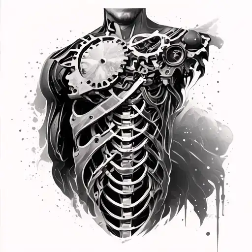 Biometric tattoo on chest and shoulder. Mechanical gears. Hydraulic cylinders. in between ribs tattoo design idea