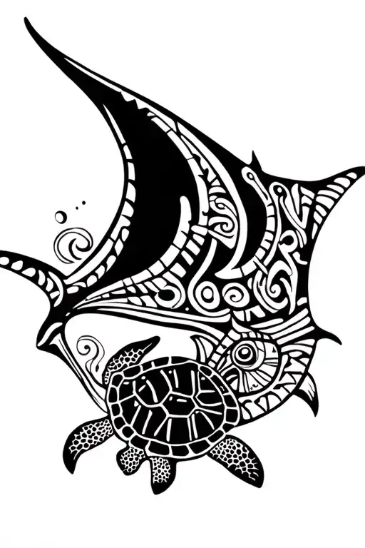 mayan themed manta ray and turtle swimming separately tattoo design idea