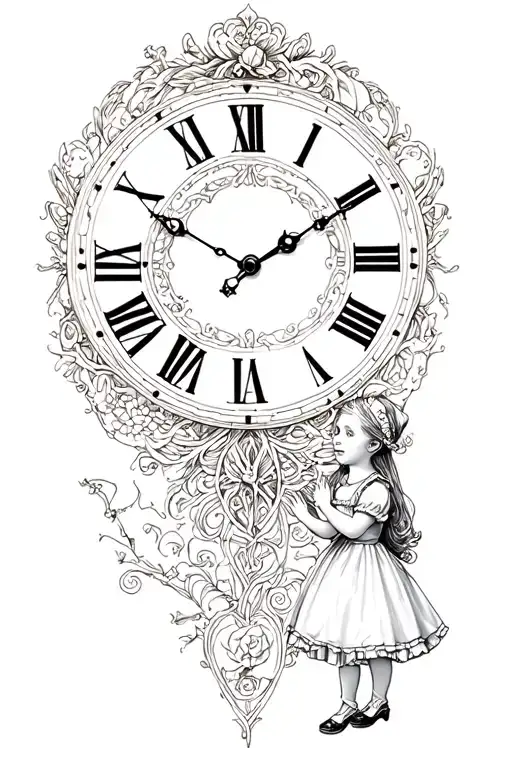 Clock and child in Alice in Wonderland tattoo design idea