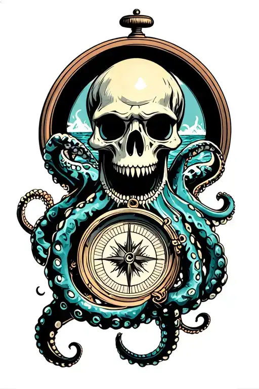 kracken octopus hold compass with waves, tentacles spread out tattoo design idea