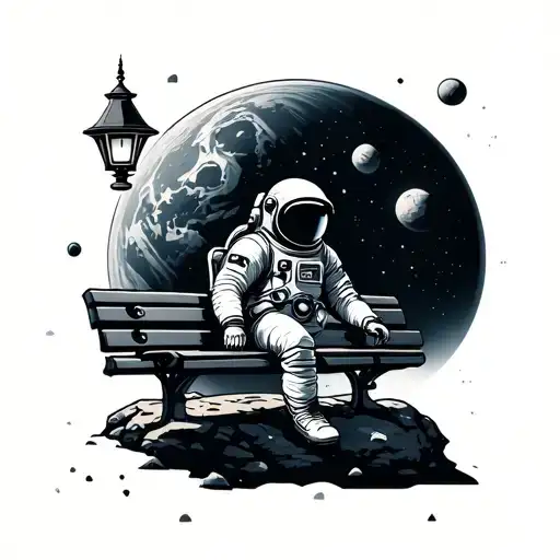 astronaut sitting on a park bench with an ornate lamp floating on an asteroid in space with a large planet tattoo design idea