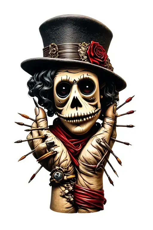 voodoo doll with cylinder hat and needles on his own hand tattoo design idea