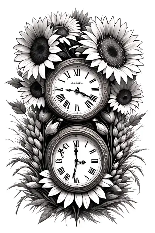 sunflowers and daisies a small old clock and wheat grass  tattoo design idea