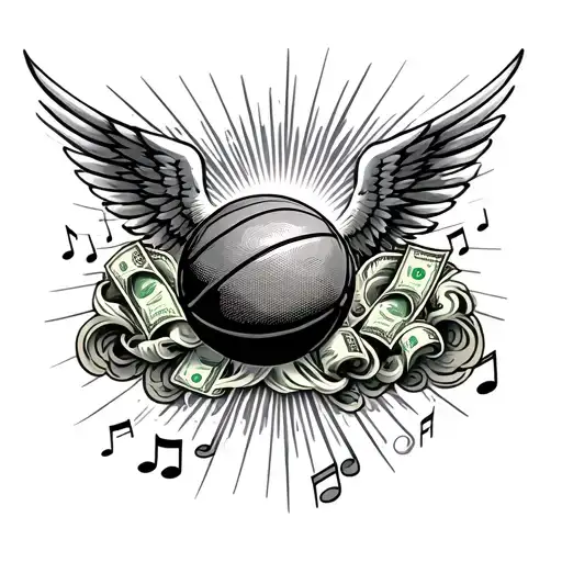 sky, sun rays, clouds, basketball, money, music notes, tribal, wings tattoo design idea