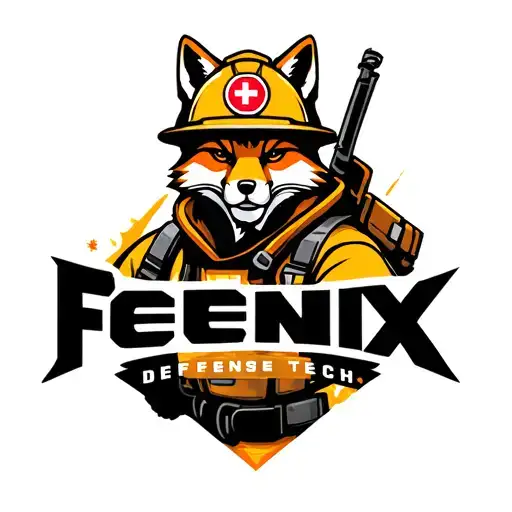 "Fenix Defense Tech" Tough looking fireman fox wearing firefighting gear. Helmet has maltese cross symbol. tattoo design idea