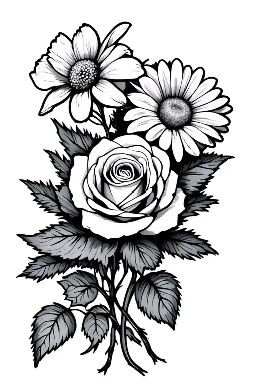 A fine line flower bouquet containing only three flowers. The flowers are rose, chrysanthemum and daffodil. The rose at  tattoo design idea