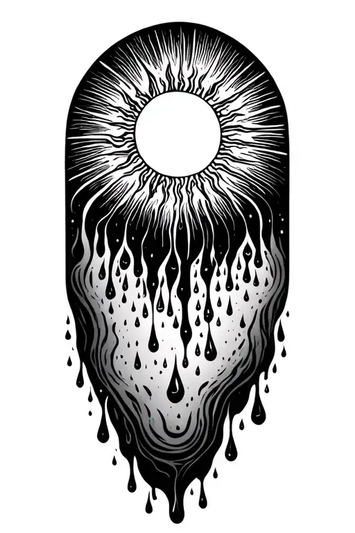 the sun melting into flowing water that drops off into rain drops. tattoo design idea
