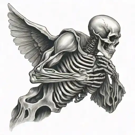 side profile of a Skelton holding a mountain in its hands with heart in its chest side tattoo design idea
